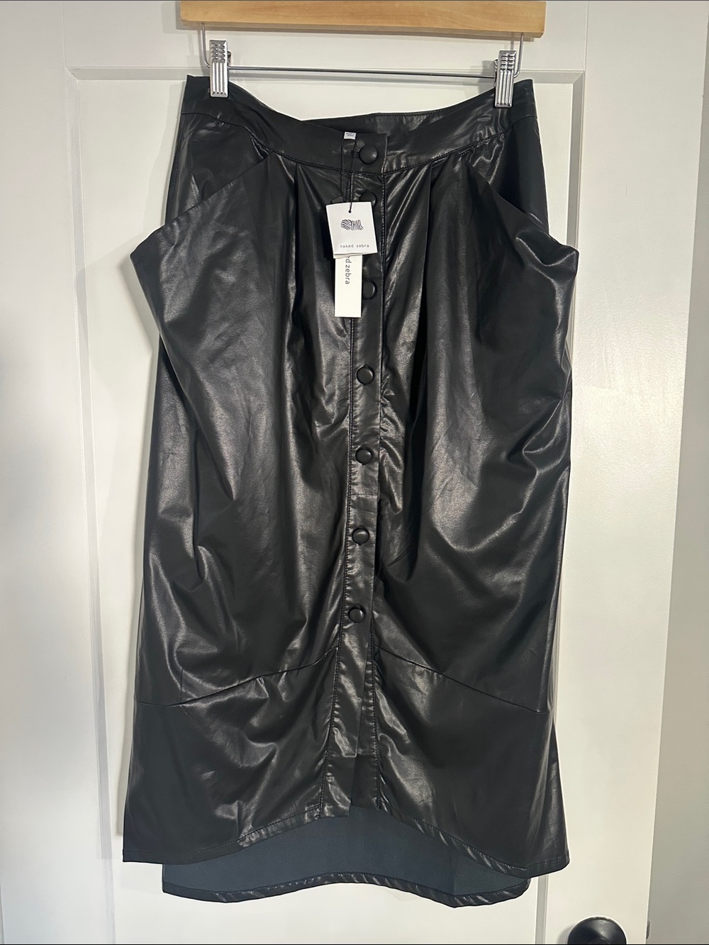 Naked Zebra Black Faux Leather Button-Front Midi Skirt